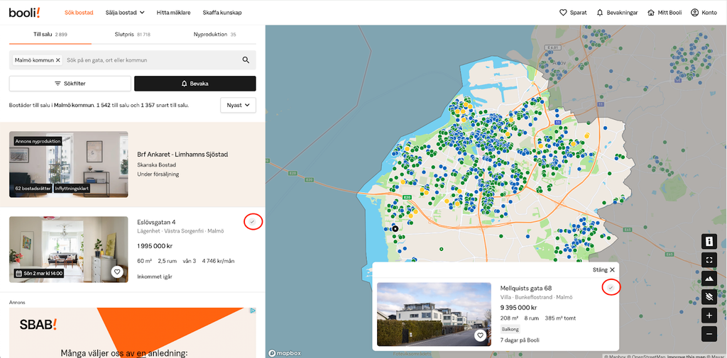 Bild som visar hur bocken ser ut på Booli i listan och på kartan.