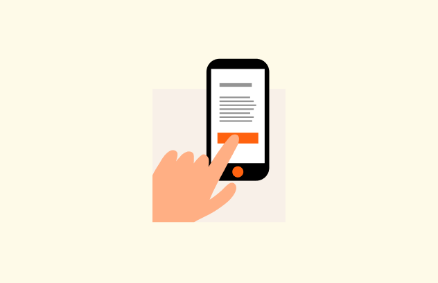 Illustration av en en hand som klickar på en knapp i en mobiltelefon