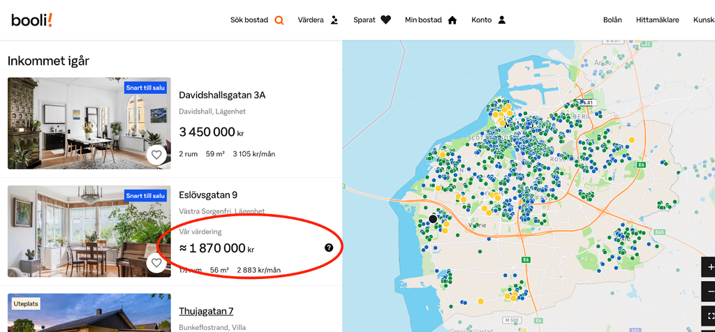 Skärmdump på Booli som visar hur bostäder utan pris exponeras i listan.