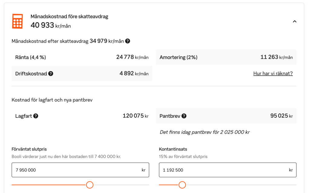 Så här ser kalkylen ut på Booli som automatiskt räknar ut pantbrev.