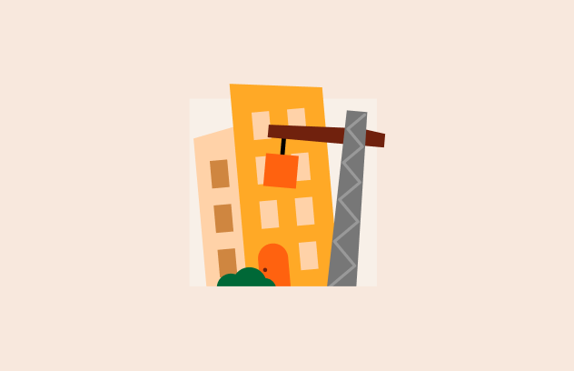 Illustration av ett par höghus och en tornkran