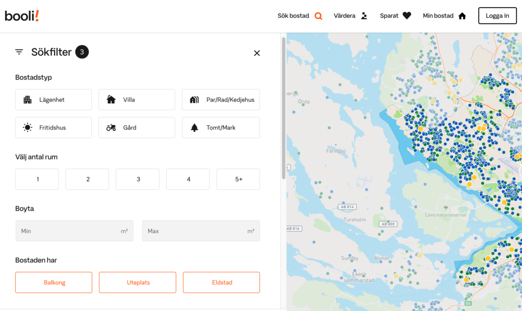Bild på filter för att välja balkong, uteplats eller eldstad.