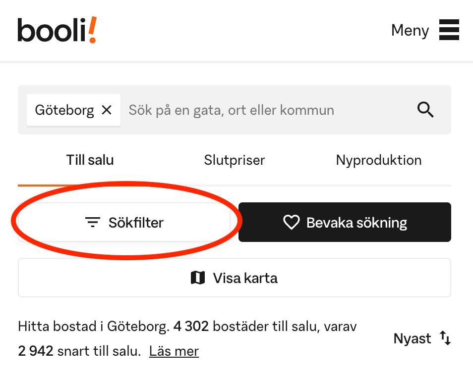 Sökfilter på Booli