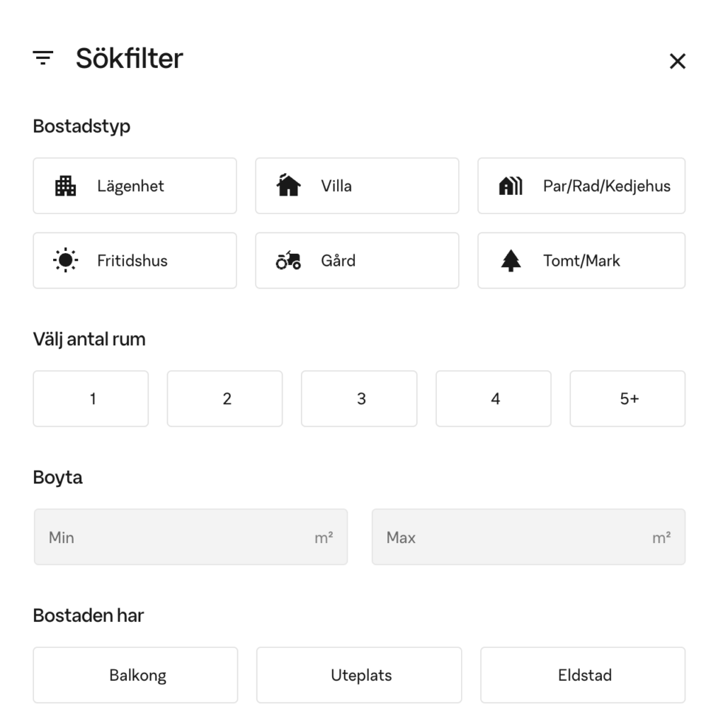 Filtrera bostäder på bostadstyp