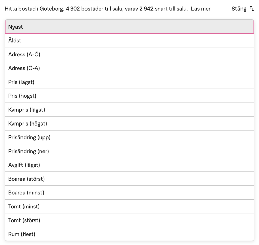 Sortera bostäder på Booli